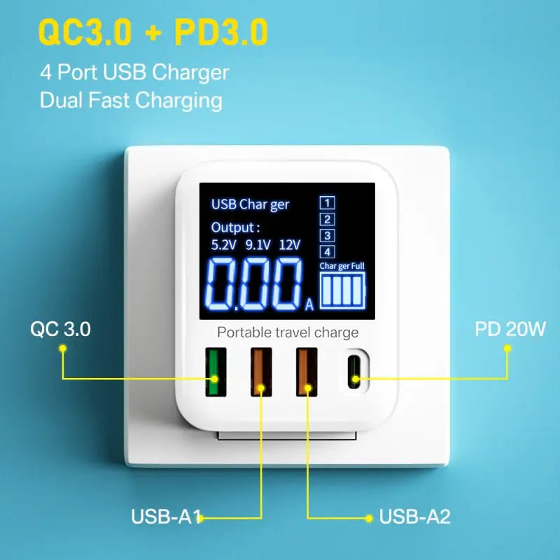 a white power outlet with a blue screen showing the power output