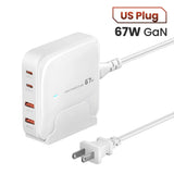 White multi-port USB charger with GaN technology and US plug.