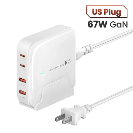 White multi-port USB charger with GaN technology and US plug.