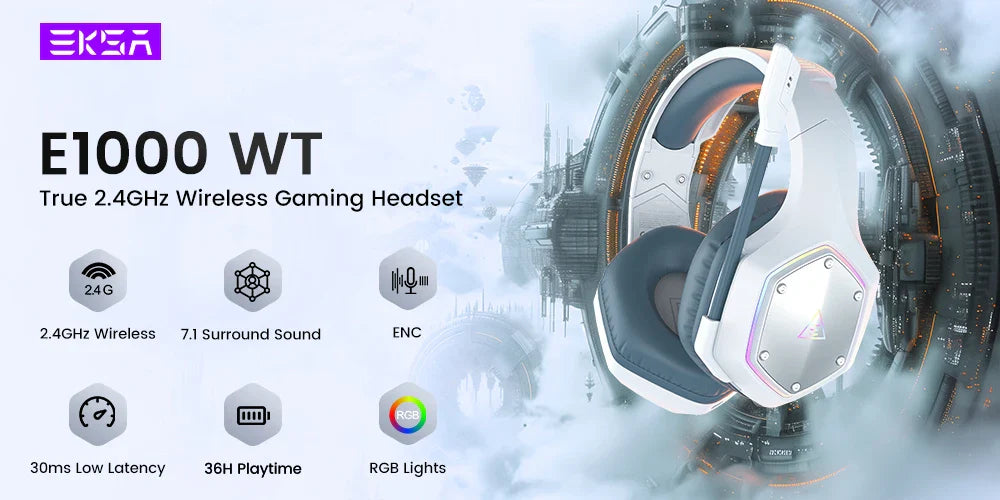 White and orange gaming headset with wireless connectivity and LED lights.