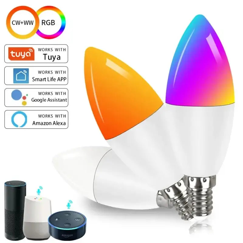 a white and orange light bulb with a smart speaker next to it