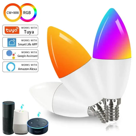 A white and orange light bulb with a smart speaker next to it