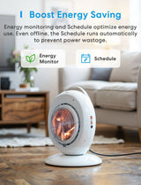 White oval-shaped space heater with glowing orange element behind metal grille shown with meross matter smart wi-fi switch