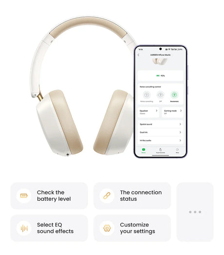 White over-ear wireless headphones with a smartphone displaying control interface.