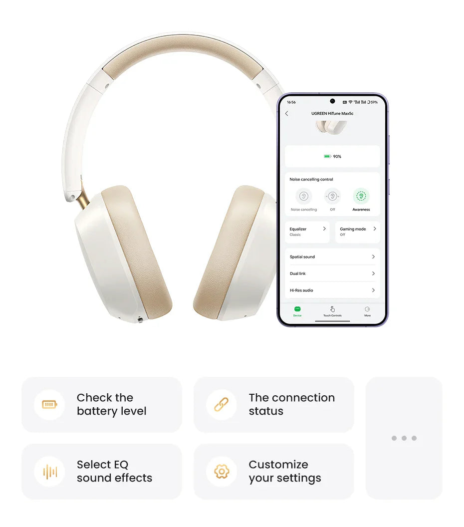 White over-ear wireless headphones with a smartphone displaying a control interface.