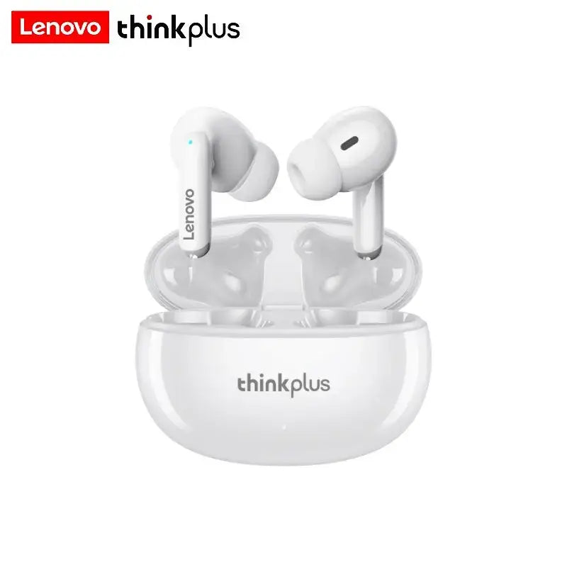 a white pair of earphones with the words thinkplus on it