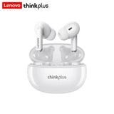 a white pair of earphones with the words thinkplus on it