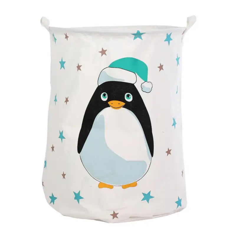 a white bag with a penguin wearing a santa hat