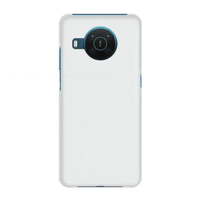 The back of a white phone case with a blue ring