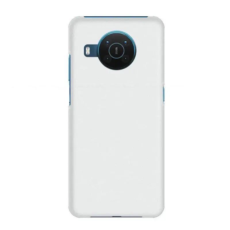 The back of a white phone case with a blue ring