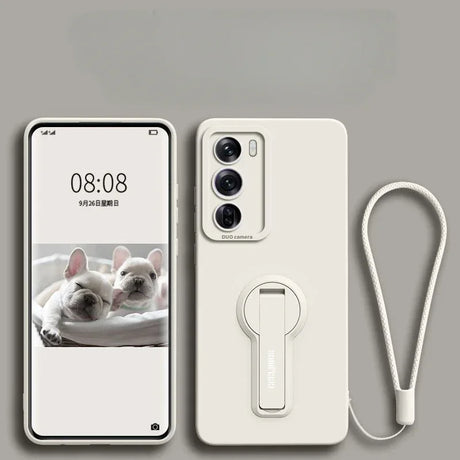 A white phone case with a built-in kickstand and a matching wrist strap.