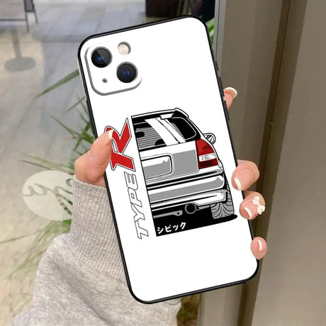 A white phone case with a car on it