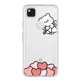 a white snoopy with pink hearts on a clear case