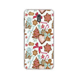 a white phone case with a pattern of cookies and candis