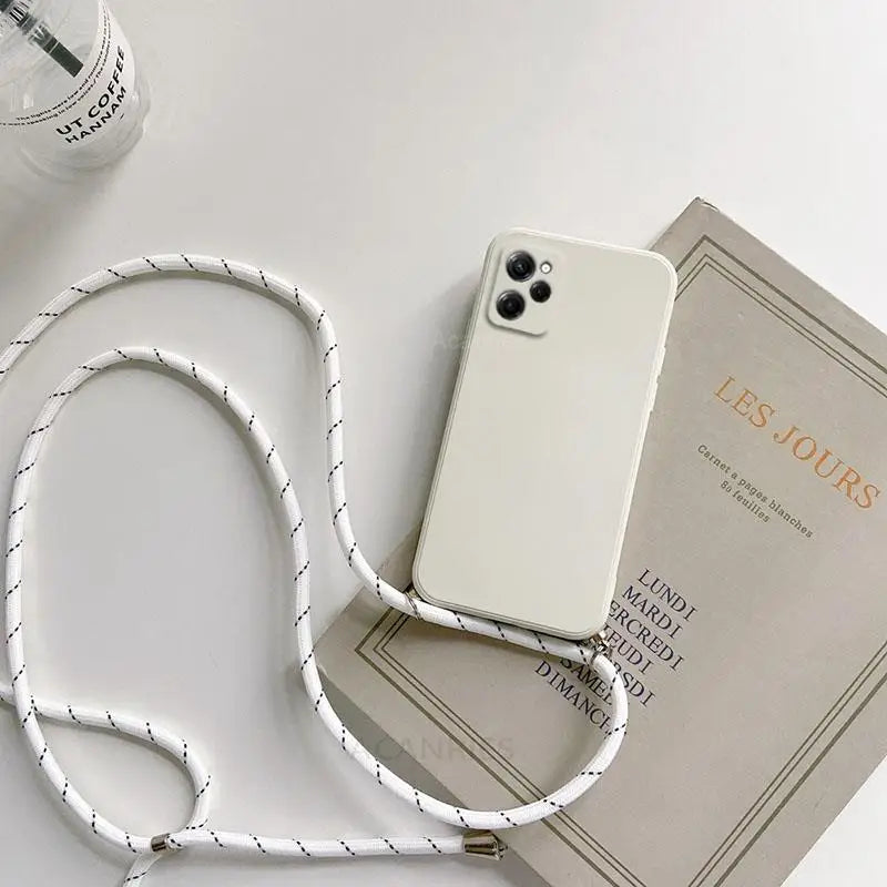 a white phone case with a white cord