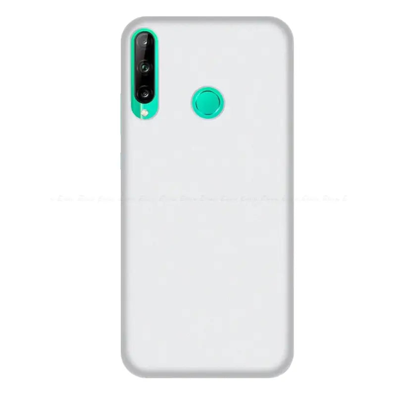 the back of a white phone case with a green button