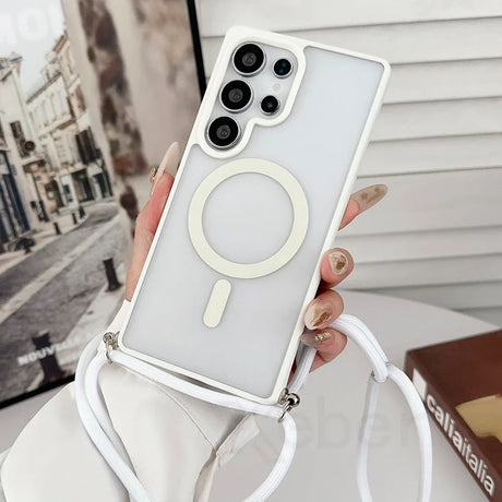 White phone case with magnetic ring and lanyard.