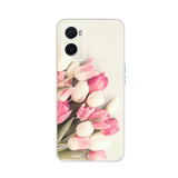 a close up of a phone case with a bunch of pink tulips