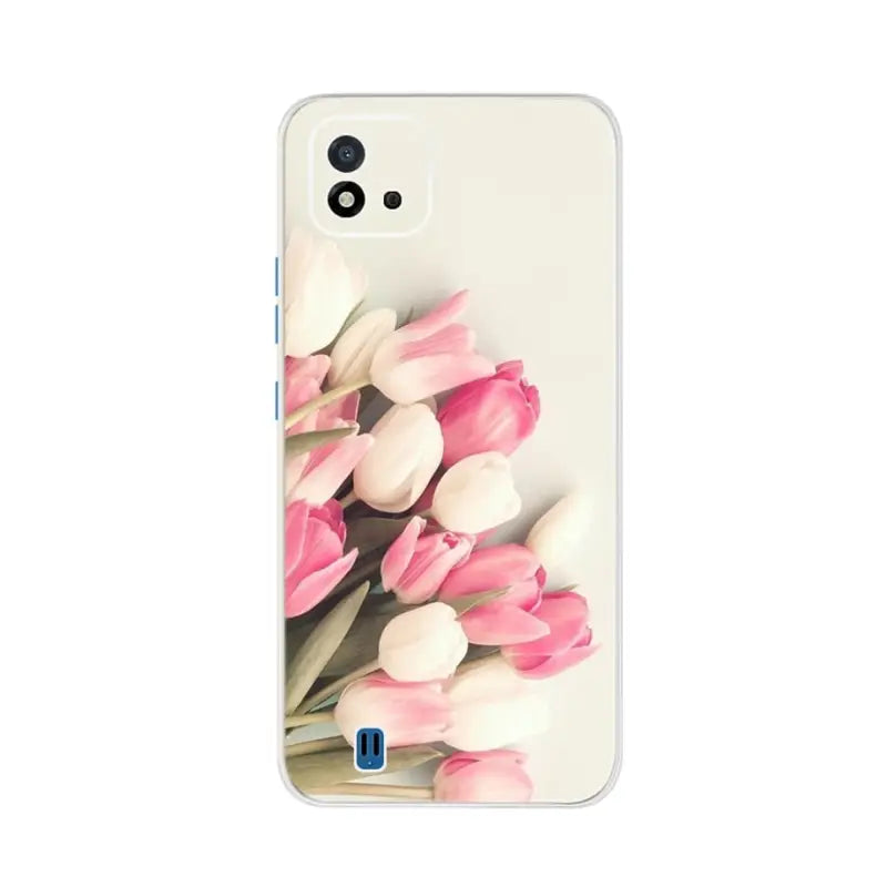 a white phone case with pink tulips