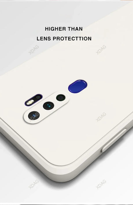 White straight edge silicone phone case for OPPO A5 A9 A11 A11X 5G with blue accent button and camera cutout back view