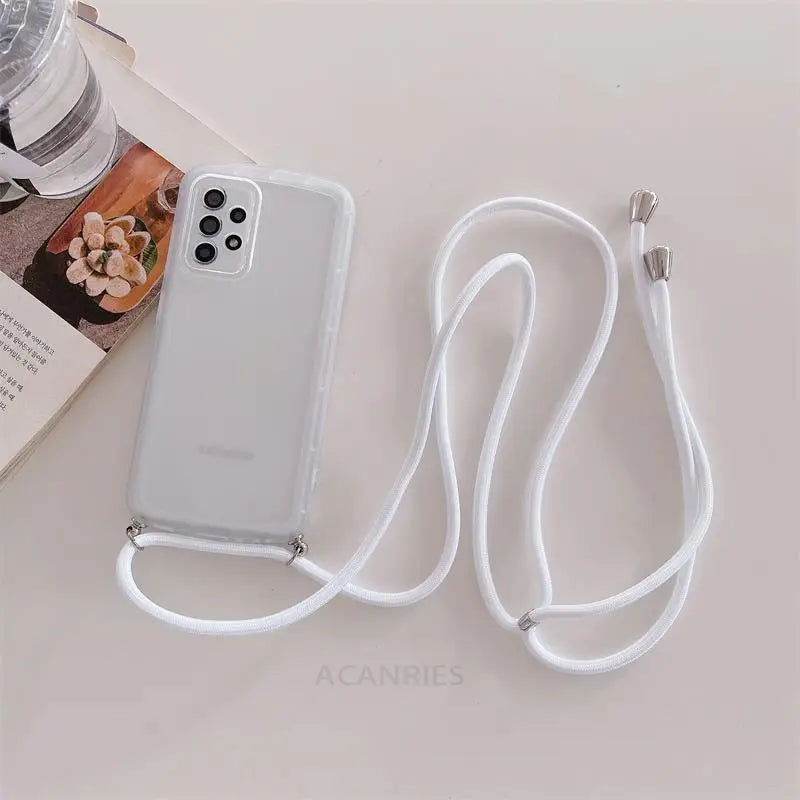 a white phone case with a white strap