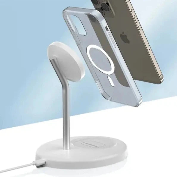 a white phone stand with a charging cable