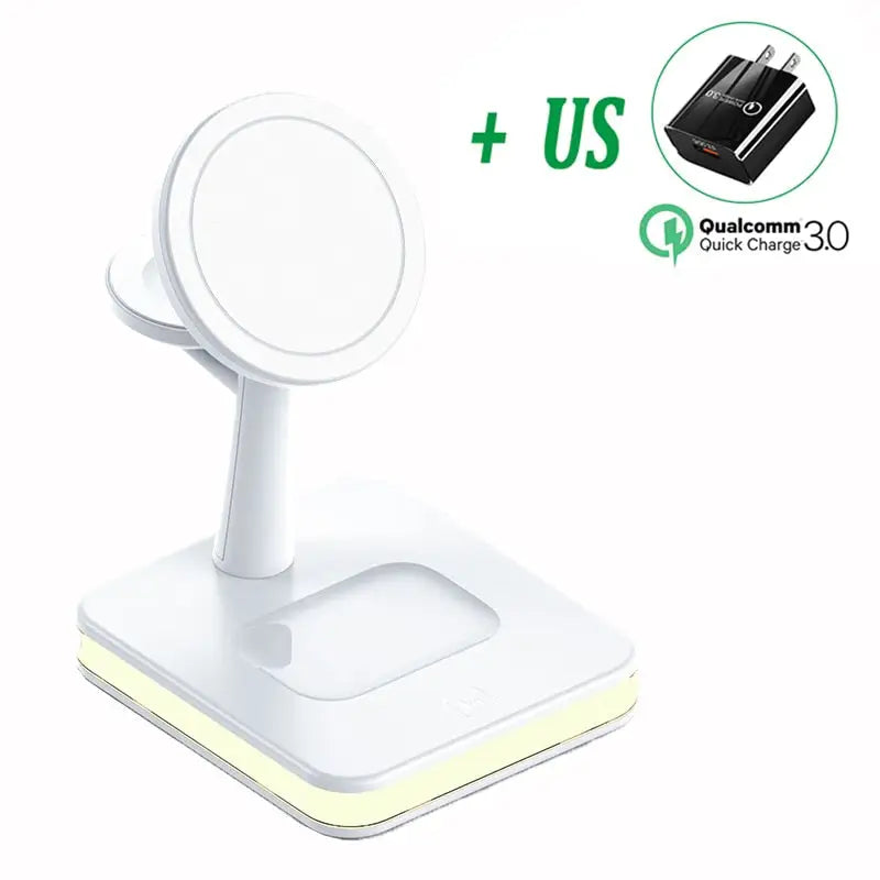 a white charging stand with a usb and a usb cable