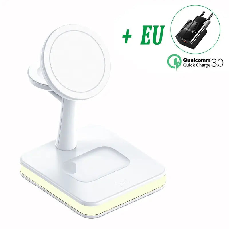 the wireless charging station with a white base and a green light