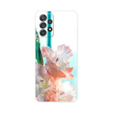 the back of a white and pink flower case