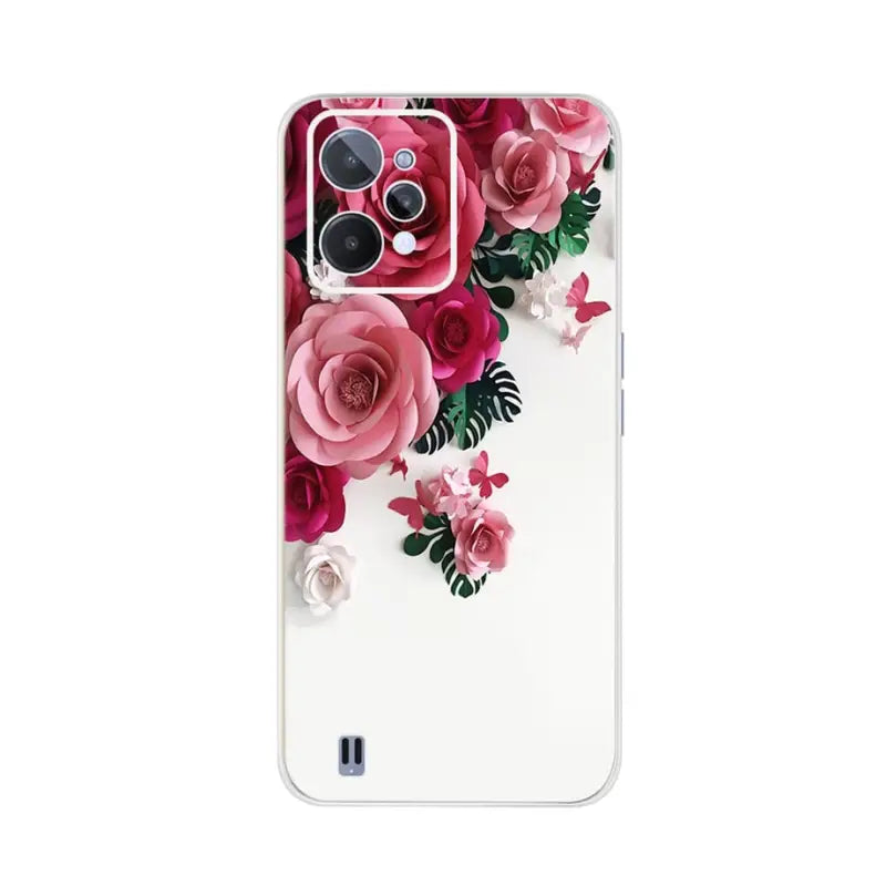 the back of a white case with pink flowers