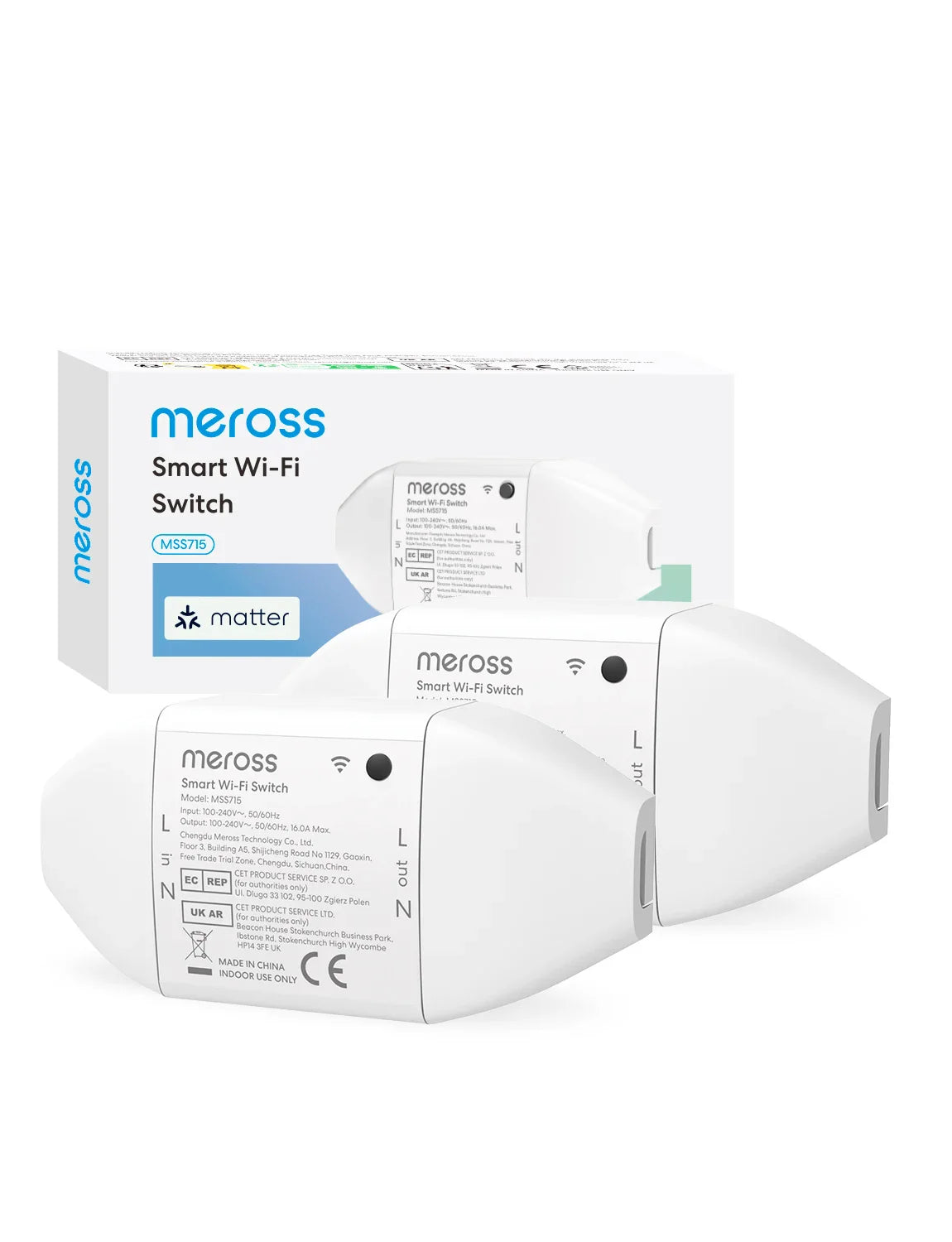 White plastic meross matter smart wi-fi switch with energy monitor and labeled terminals l n switch control back view