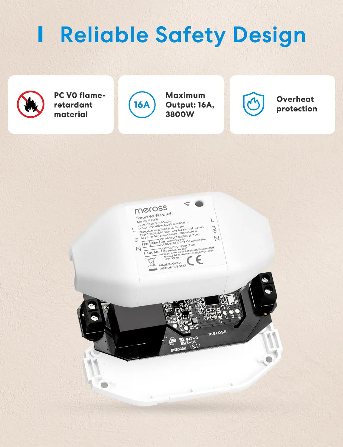 White plastic meross matter smart wi-fi switch with energy monitor showing black circuit board and mounting brackets