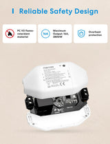 White plastic meross matter smart wi-fi switch with energy monitor showing black circuit board and mounting brackets