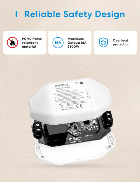 White plastic meross matter smart wi-fi switch with energy monitor showing black circuit board and mounting brackets