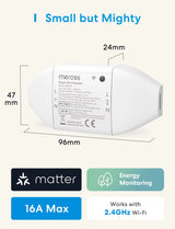 Meross matter smart wi-fi switch white plastic with energy monitor and wireless connectivity indicators in compact design