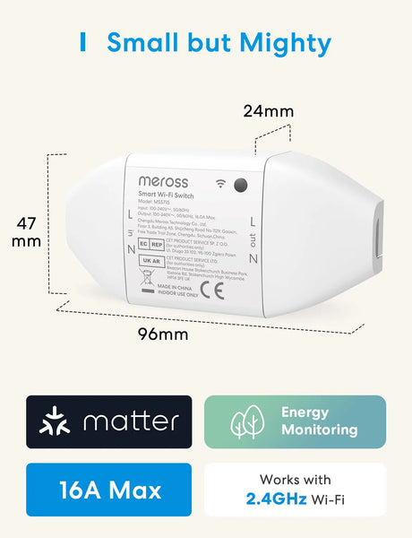 Meross matter smart wi-fi switch white plastic with energy monitor and wireless connectivity indicators in compact design