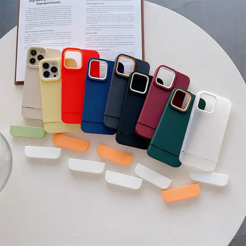 a white plate with four different colors of iphone cases