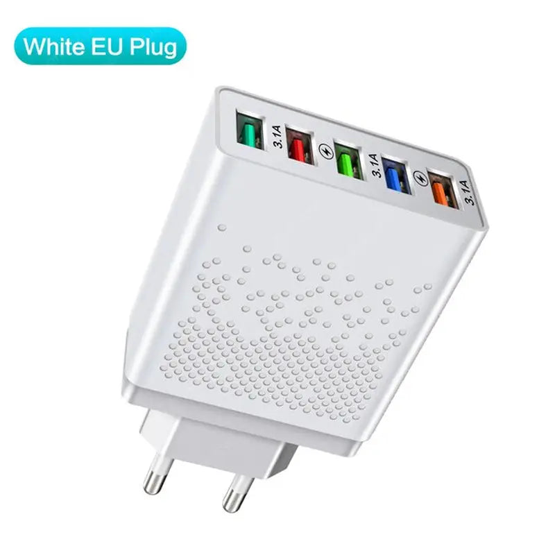 a white eu plug with four different colored wires attached