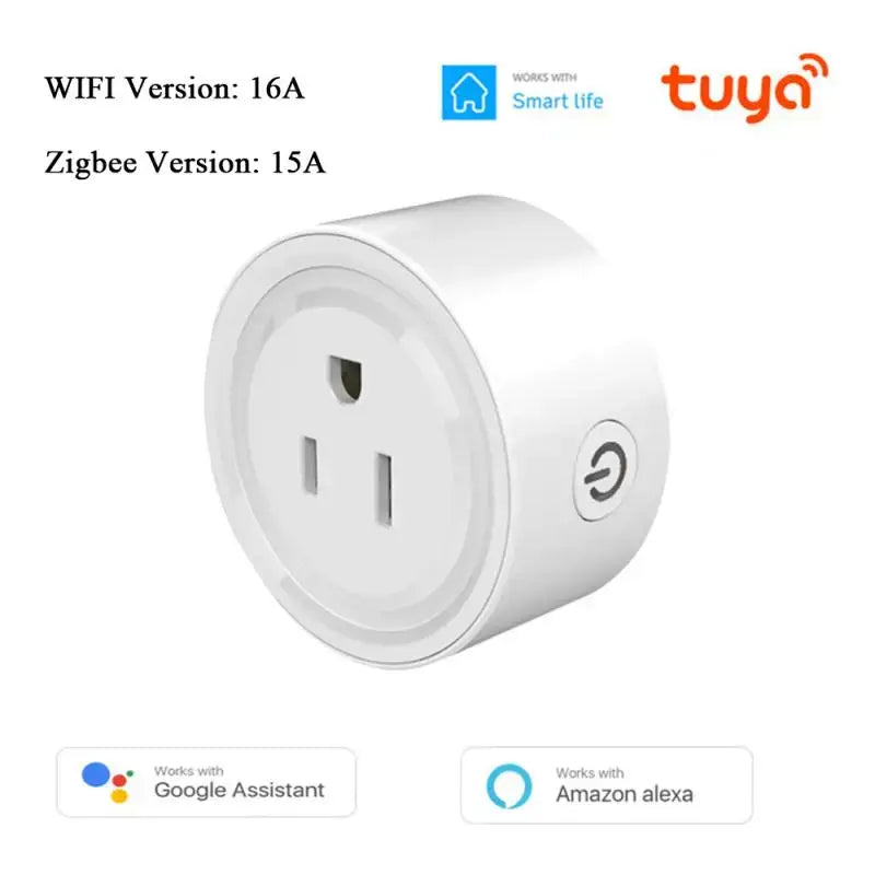 a white plug with a smart button on it and a smart home app