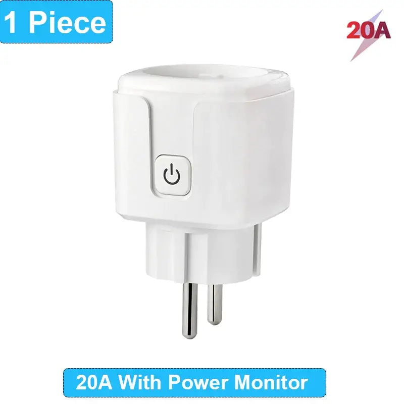 A white power adapter plug with a blue button on it