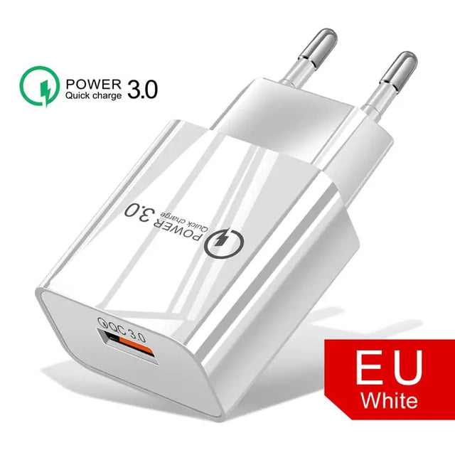 a white power adapter with a red and white logo