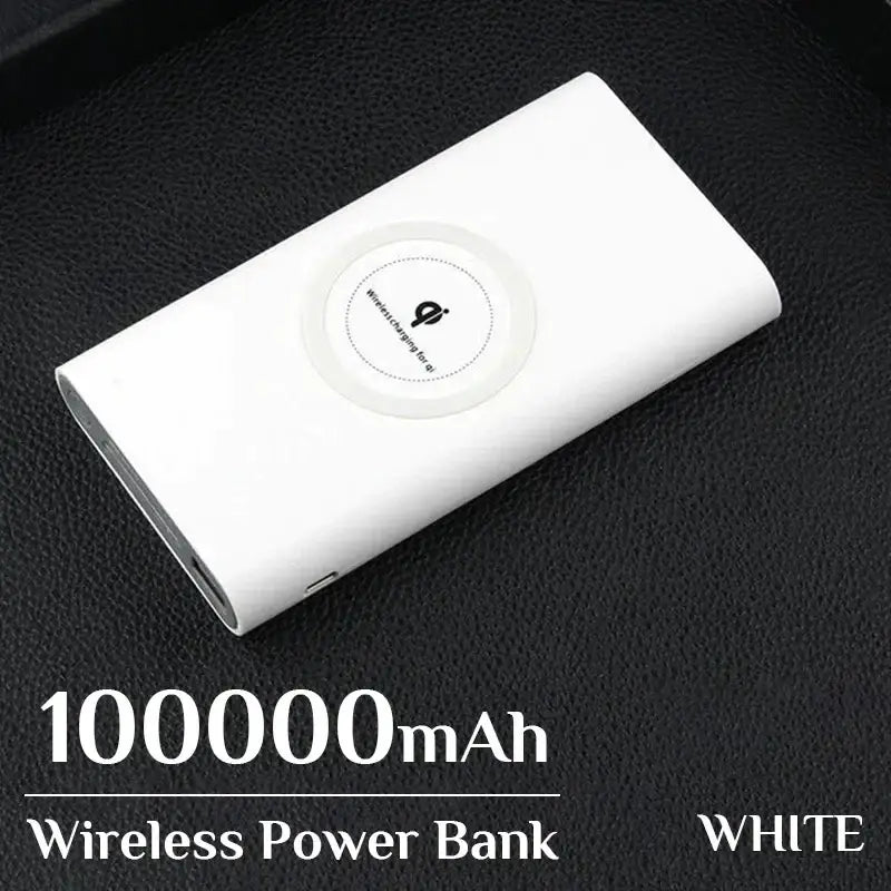 a white power bank sitting on top of a black leather