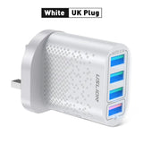 a white power bank with a blue and white power strip