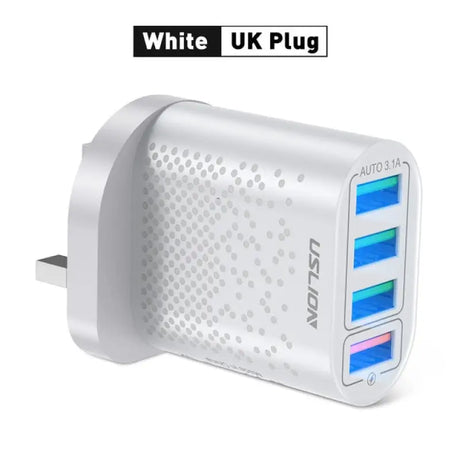 a white power bank with a blue and white power strip