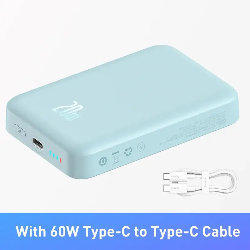 a white power bank with a cable attached to it