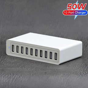 a white power bank with four usb ports