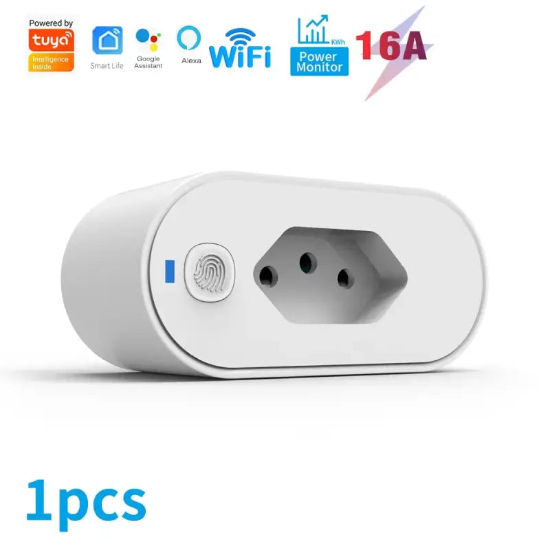 a white power outlet with a bluetooth plug and a white background