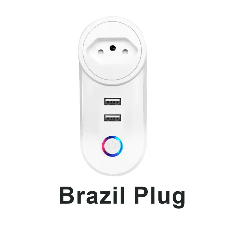 a white power outlet with a colorful button on it