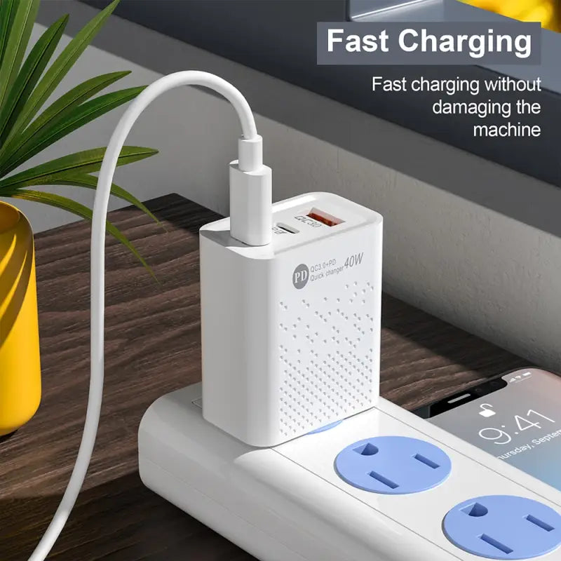 there is a white power strip with a blue and white plug