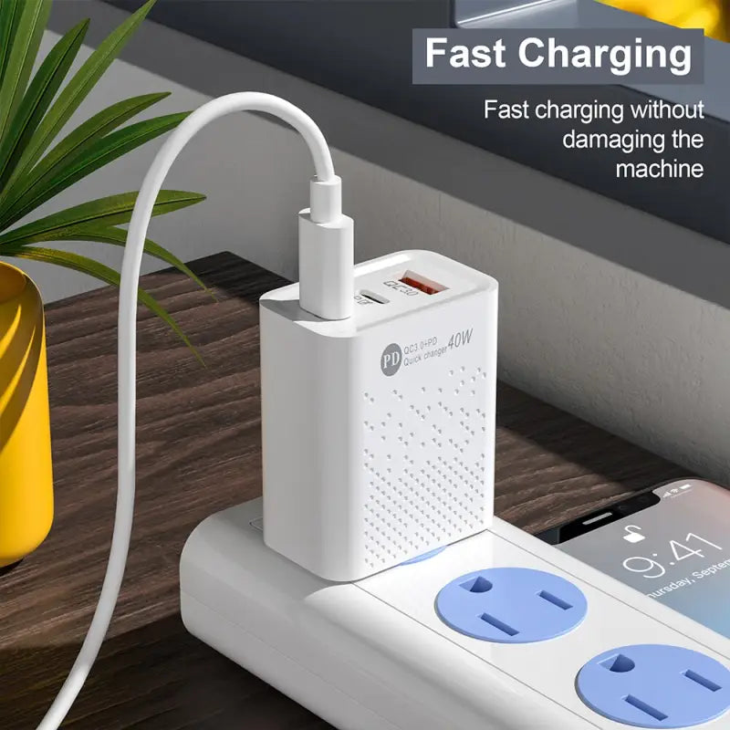 there is a white power strip with a blue and white plug